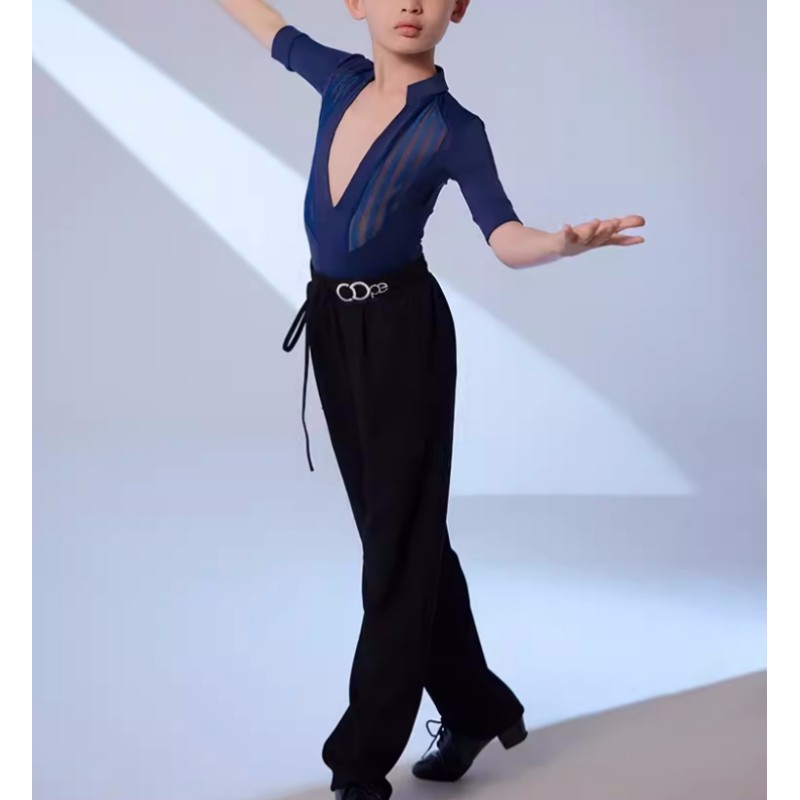 Boys kids navy striped ballroom latin dance shirts modern salsa rumba chacha juvenile stage performance tops and trousers for children